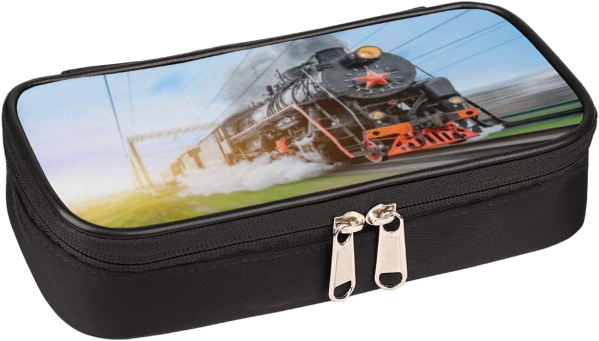 Estuche para lápices de tren de locomotora de vapor, tren azul cielo, gran capacidad, estuche para bolígrafos, papelería, bolsa para la escuela,