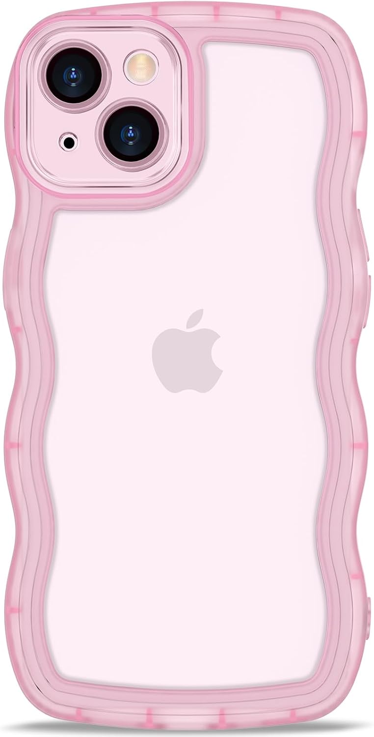 Anuck Funda para iPhone 15 con borde ondulado, diseño de parte trasera transparente, agarre antideslizante, forma de marco rizado ondulado, a prueba