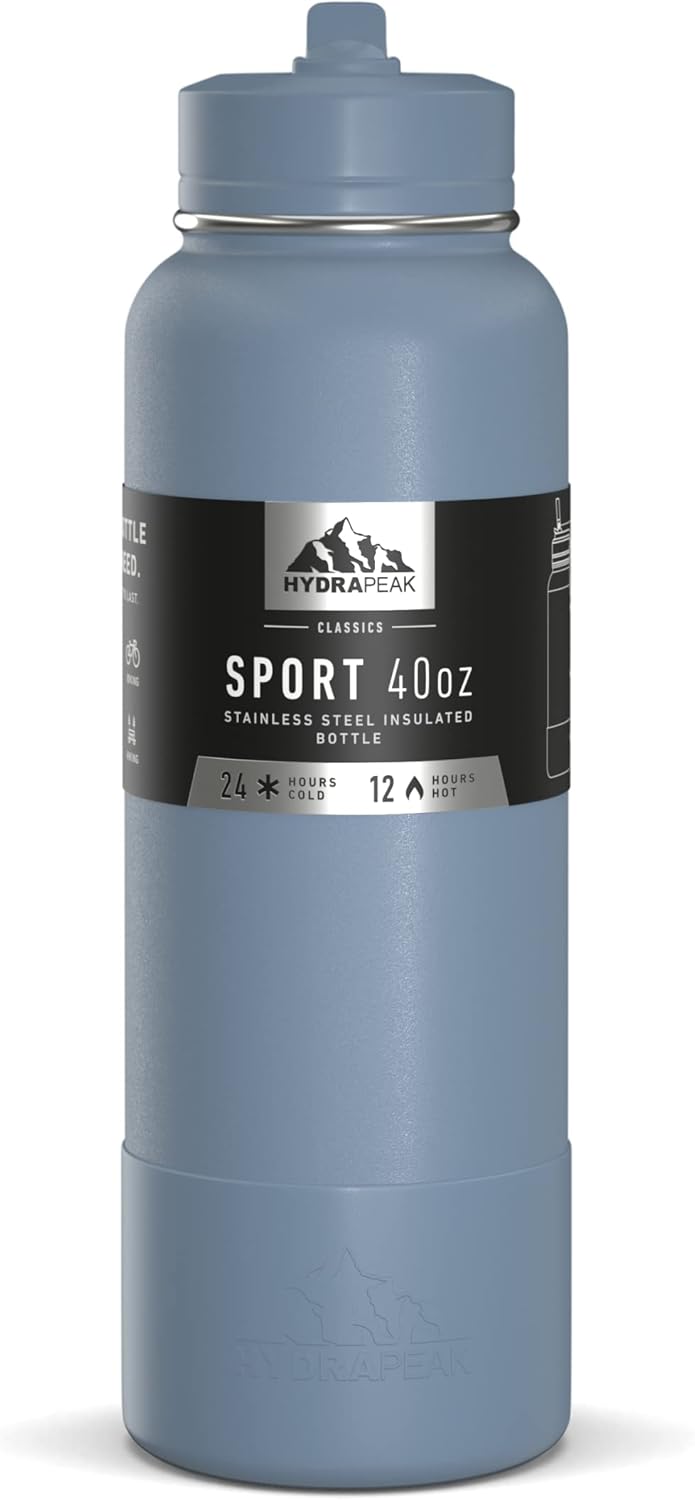 Hydrapeak Botella de agua deportiva de 40 onzas con aislamiento y tapa con popote o para beber, botellas de agua de acero inoxidable de alta