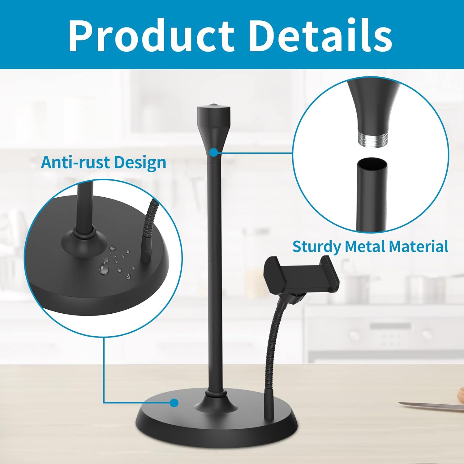 Toallero de papel negro multifunción para encimera con soporte para teléfono, soporte para toallas de papel fácil de rasgar con una mano con base