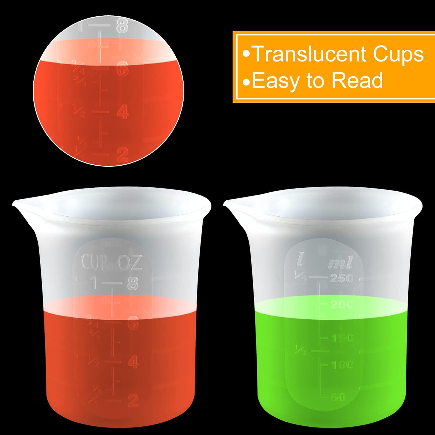 Coopay Vasos medidores de silicona de 8.5 fl oz para resina antiadherentes, herramientas de pegamento, escala precisa para hacer joyas de resina y