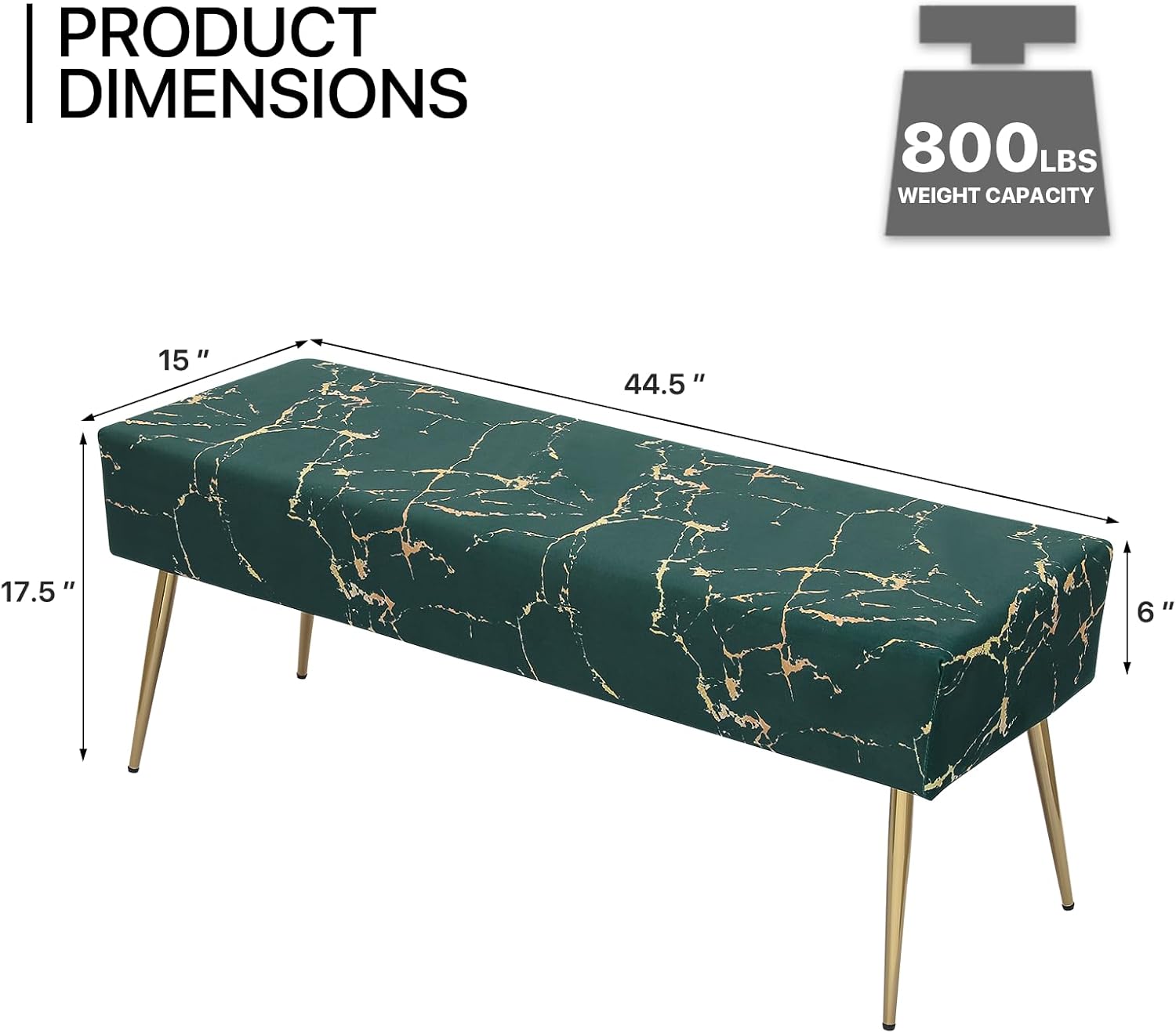 MoNiBloom Banco otomano tapizado de terciopelo verde para dormitorio, extremo de cama, moderno patrón de mármol, otomano elegante y versátil,