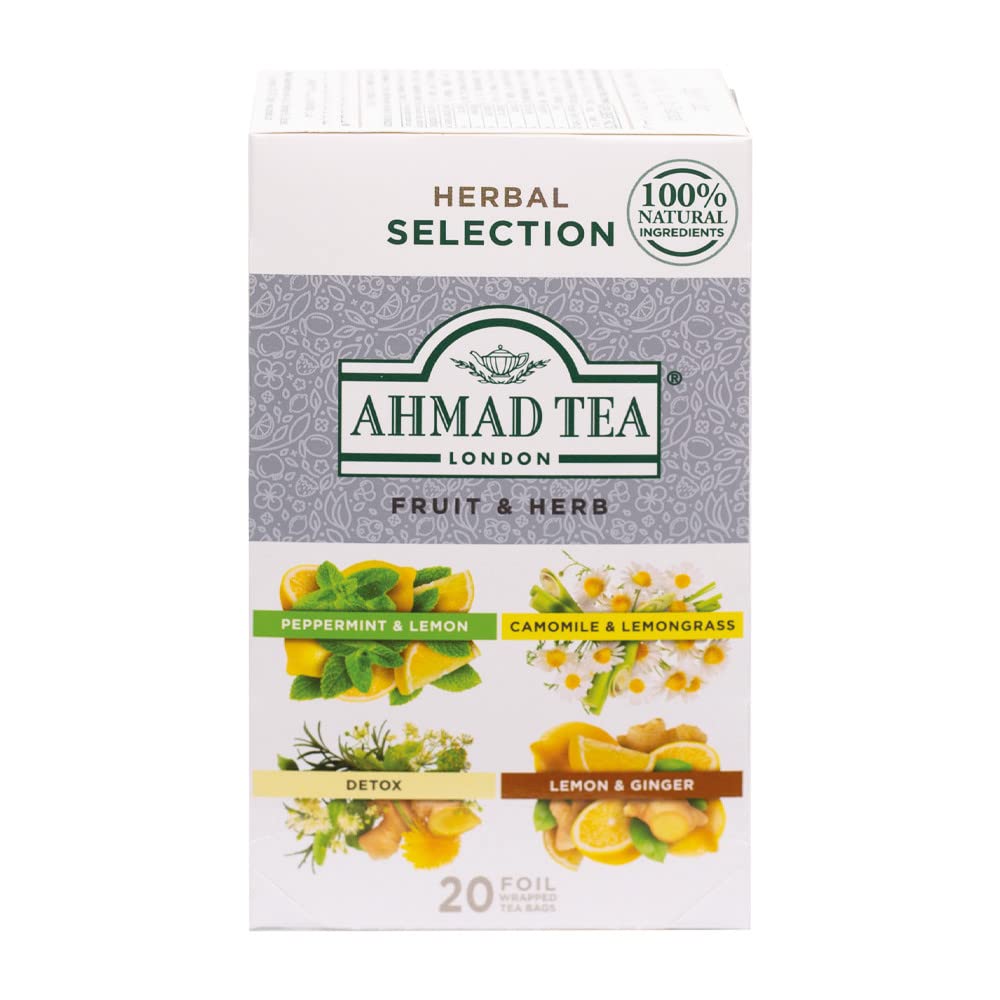 Ahmad Tea Té de hierbas, selección de frutas y hierbas, 4 tés de menta y limón, manzanilla y citronela, limón y jengibre, y bolsitas de té