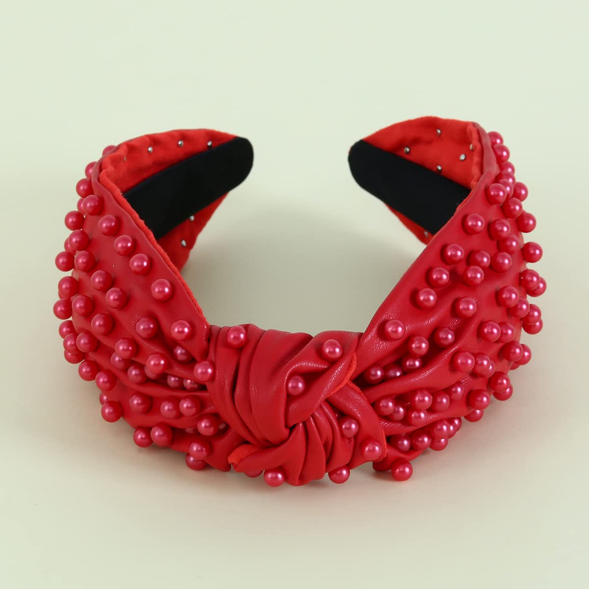 FEDANS Diadema con nudos nacarados para mujer, color rojo, de lujo, con cuentas de cuero, adornado, banda para el pelo elegante de moda