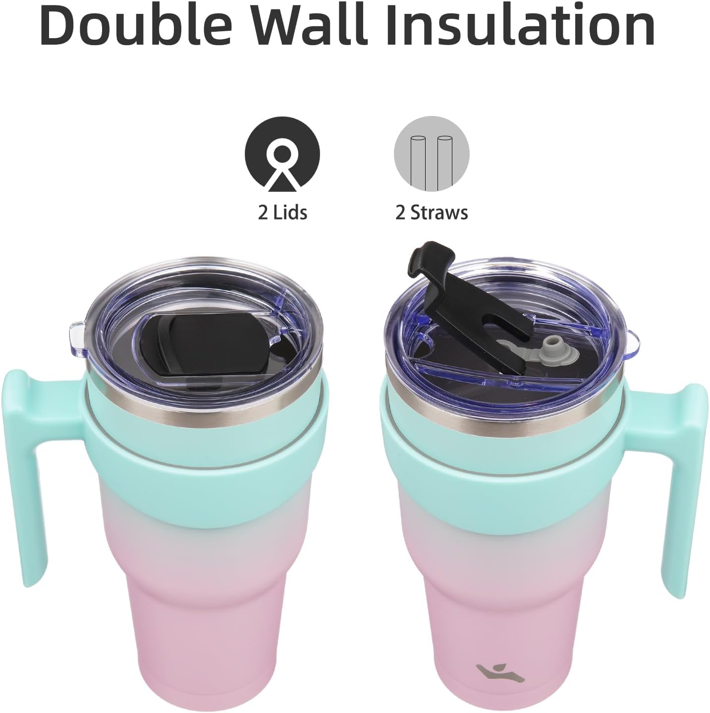 Konokyo Vaso de 30 onzas con asa y 2 pajillas, 2 tapas, botella de agua aislada de acero inoxidable al vacío, taza de viaje reutilizable, goma de