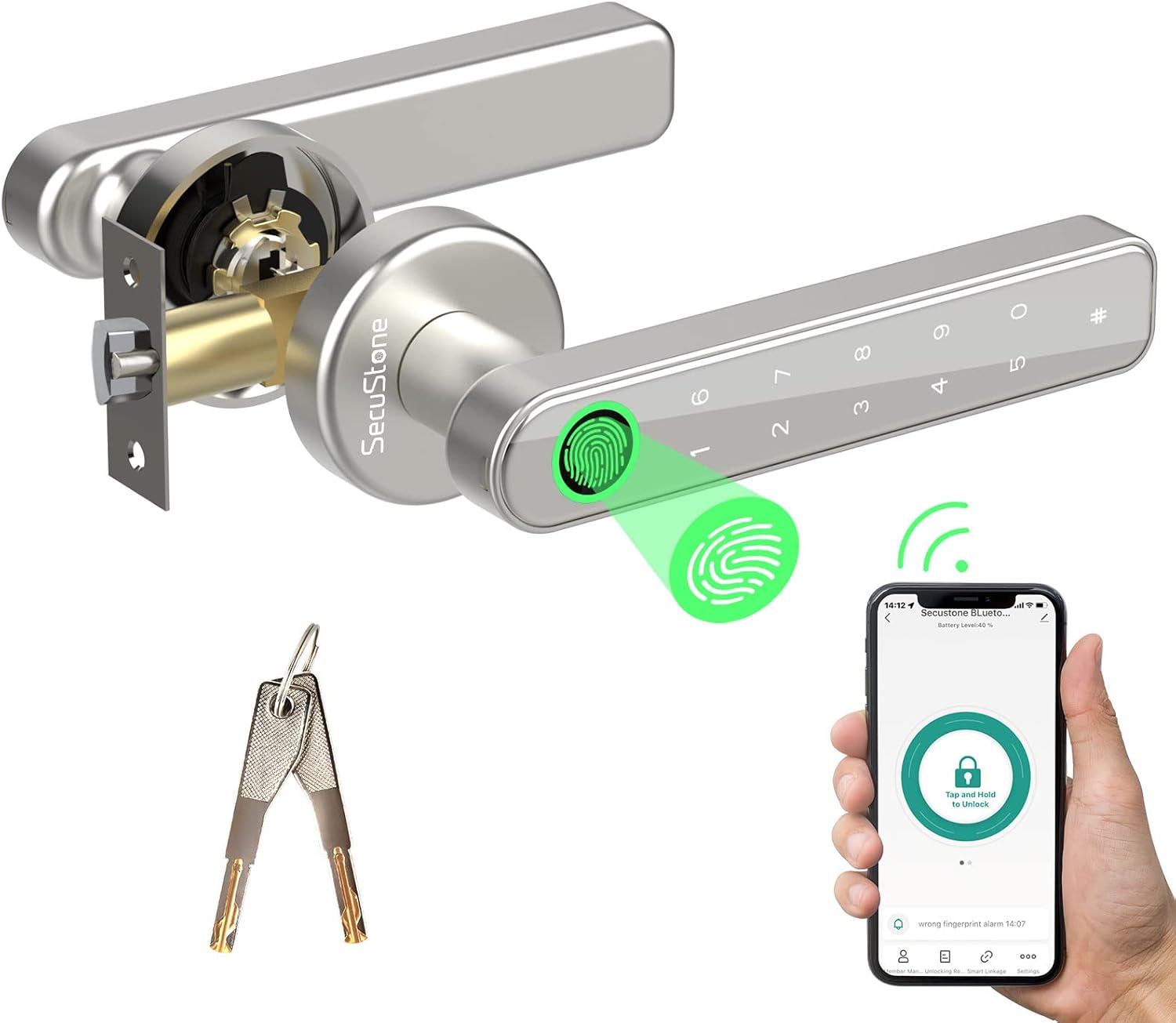 Secustone Cerradura de puerta de huellas dactilares, cerradura de puerta de entrada sin llave, perilla inteligente 4 en 1 con código de
