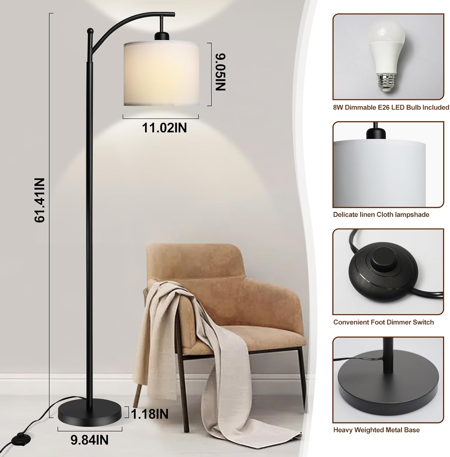 DLLT Lámpara de pie de arco con pantalla, lámpara de pie con 3 temperaturas de color, lámpara de poste alto de granja para sala de estar,
