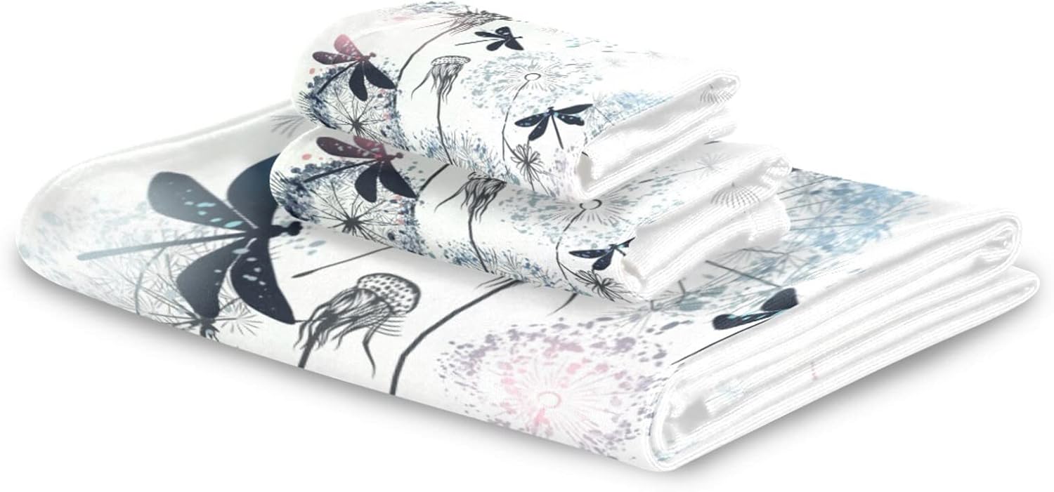 Juego de toallas de baño de libélula para baño, juego de toallas absorbentes de diente de león floral libélula decorativas para hombres y mujeres,