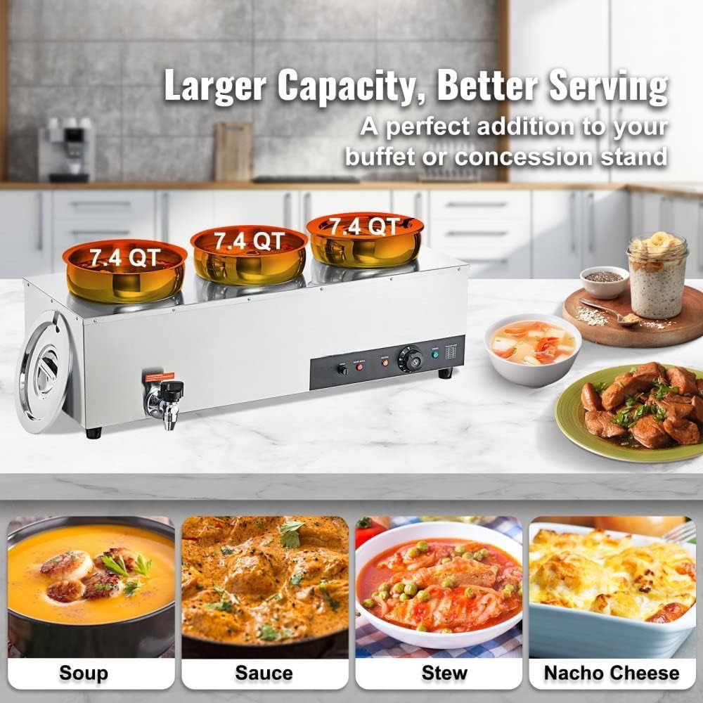 Calentador de sopa Bain Marie – Estación eléctrica comercial de 1200 W con tres ollas de acero inoxidable de 7.4 cuartos de galón y botón de