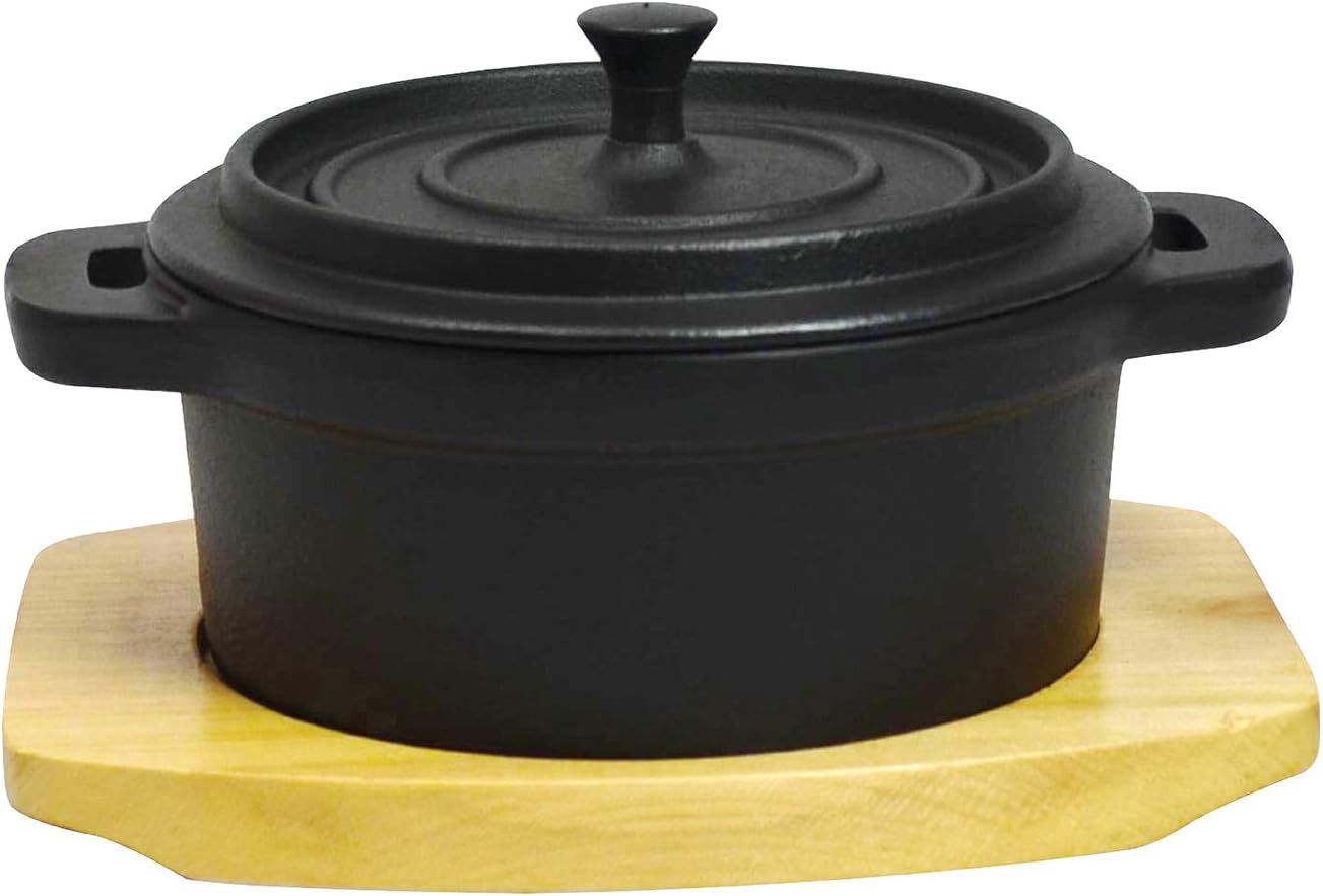 Frieling Mini horno holandés de hierro fundido con interior esmaltado y salvamanteles de madera, 1 taza, negro