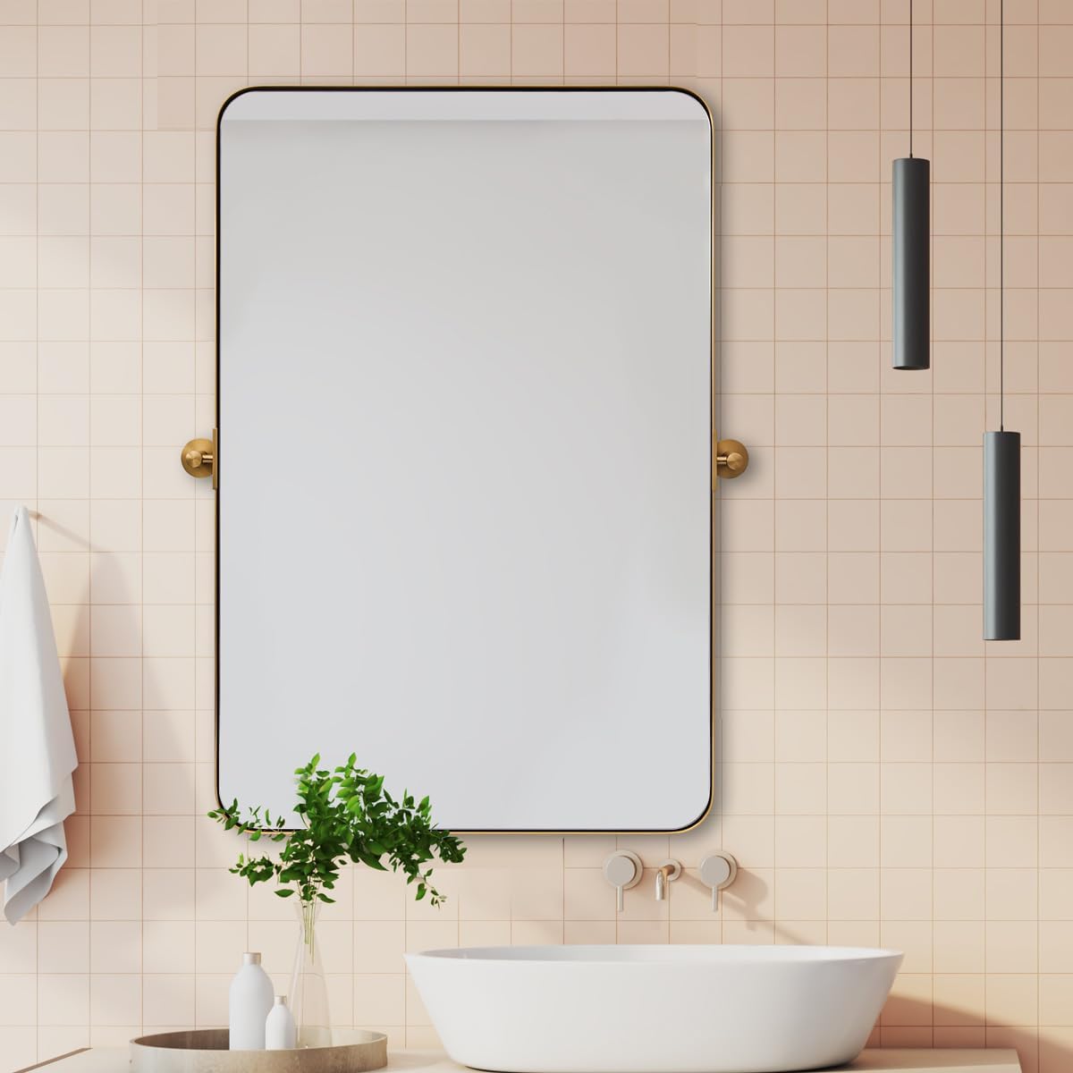 Espejos de baño de oro cepillado de 28 x 36 pulgadas para pared, espejo giratorio de baño con marco de metal de latón con esquina redondeada,