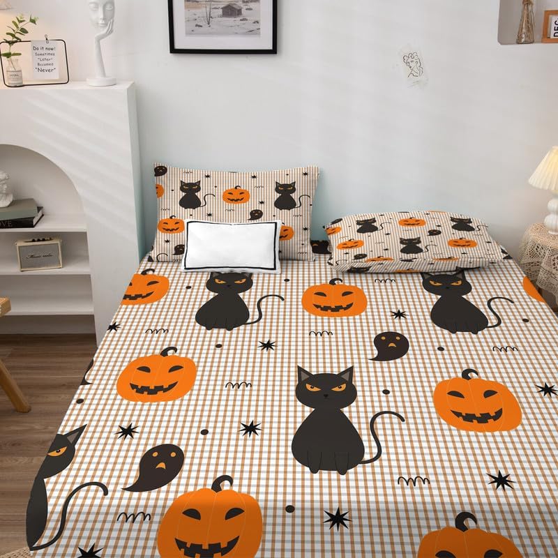 Juego de sábanas California King  Sábanas de calabaza de Halloween, sábanas y fundas de almohada de gato negro y fantasma, bolsillo suave y