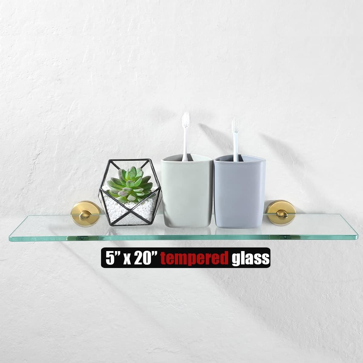 JQK Estante de vidrio para baño dorado, almacenamiento de ducha de vidrio templado de 20 por 5 pulgadas, montaje de pared dorado cepillado de acero
