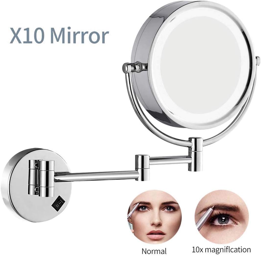 Wall Mounted Lighted Vanity Mirror 8 Inch 1X10X Magnifying Makeup Mirror Bathroom Magnifying Mirror Double Sided Swivel, Shaving Mirror Chrome