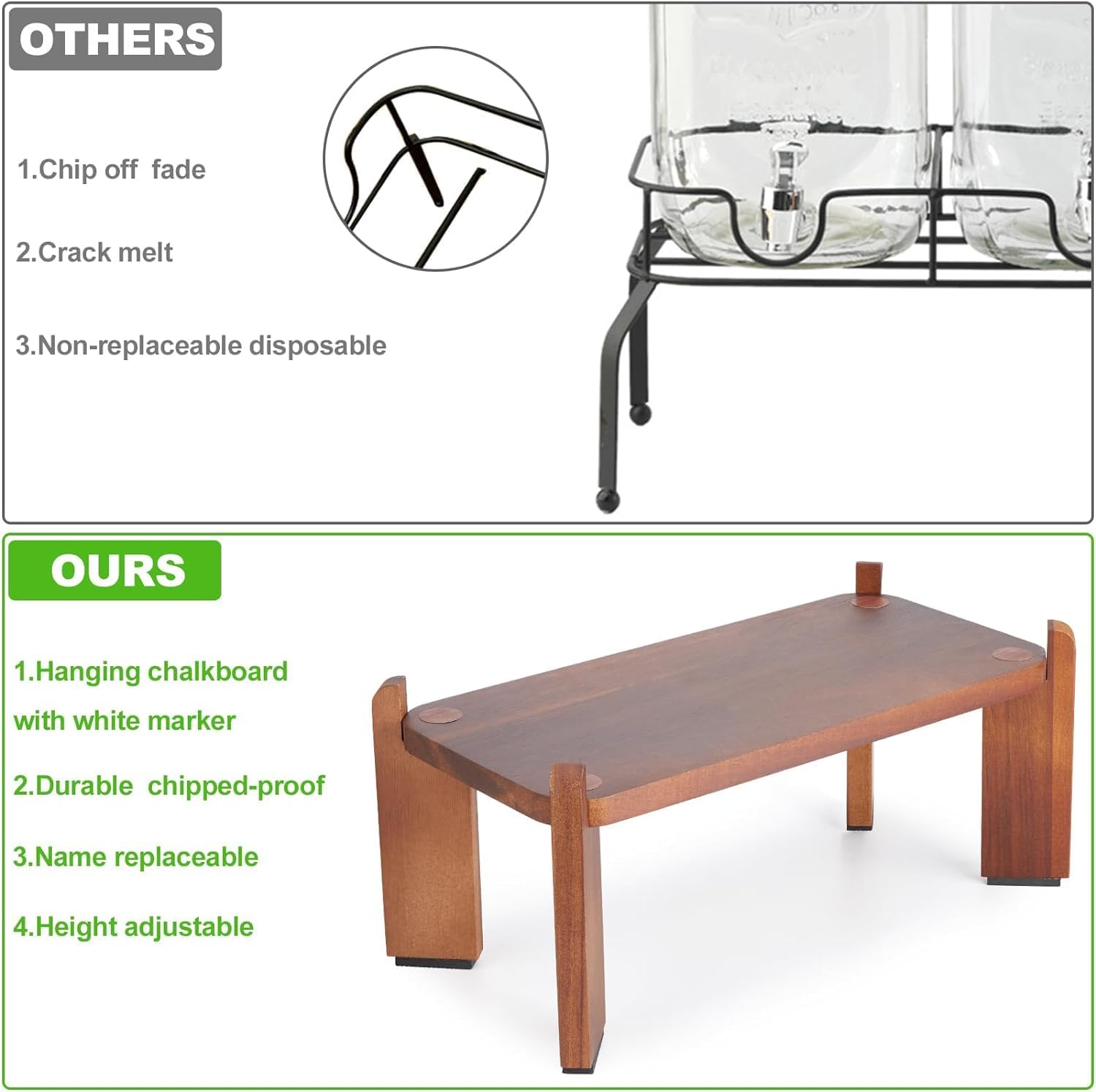 Dispensador de bebidas de vidrio con soporte de madera, dispensador de bebidas de 1 galón para fiestas con espiga de acero inoxidable 188 a prueba