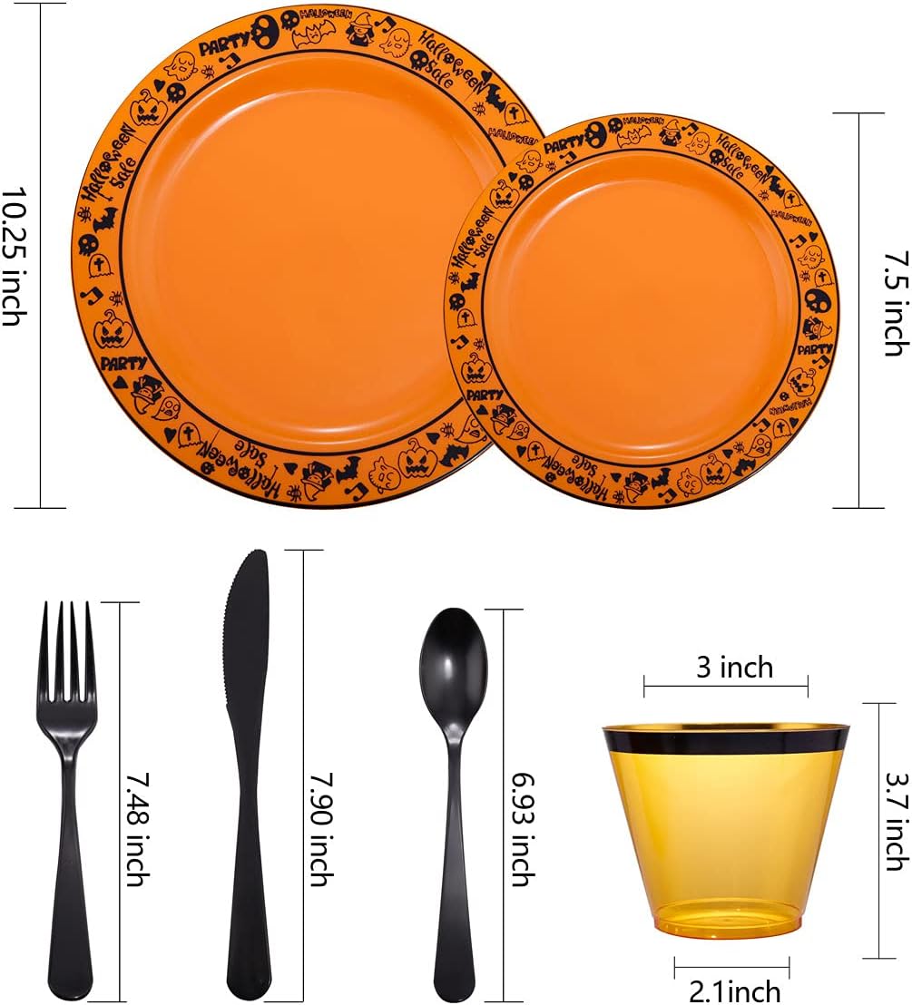 Hioasis 150 platos de plástico de Halloween y platos de plástico naranja con patrón de Halloween negro para 25 invitados, cubiertos de plástico