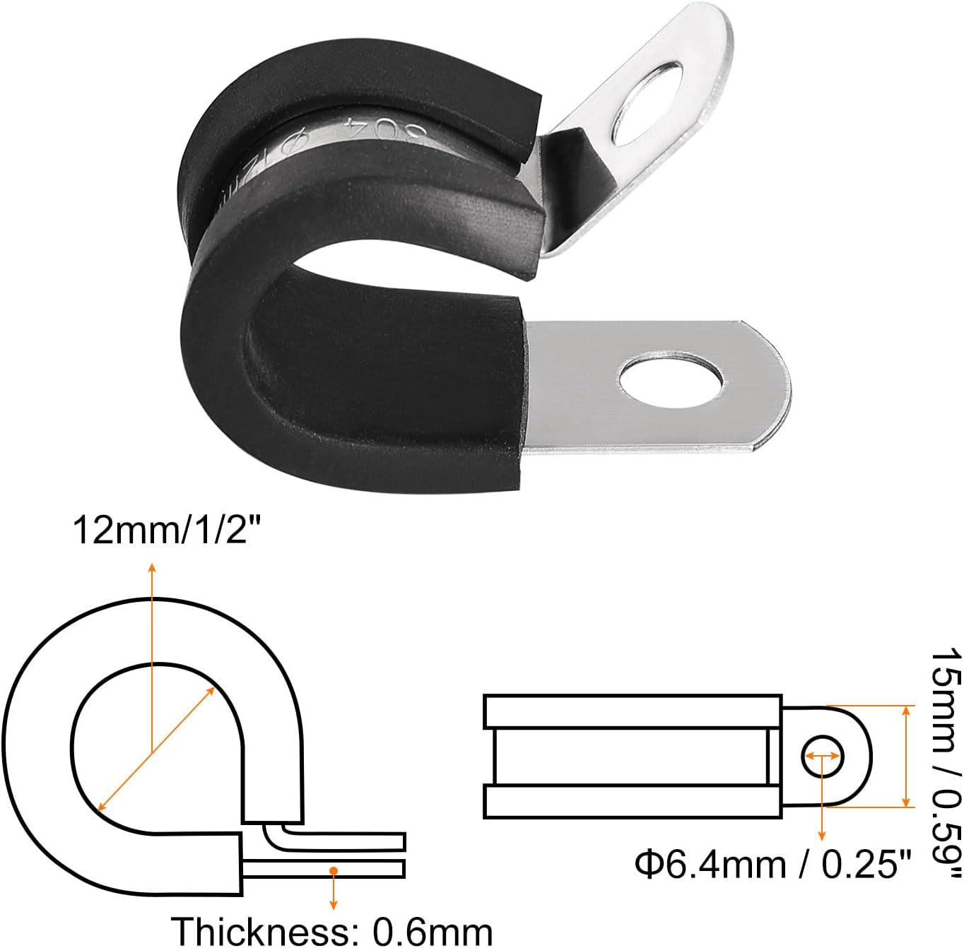 uxcell Abrazadera de cable de 12 pulgada (0.472 in) de acero inoxidable 304 Abrazadera aislada acolchada de goma de acero inoxidable en forma de R