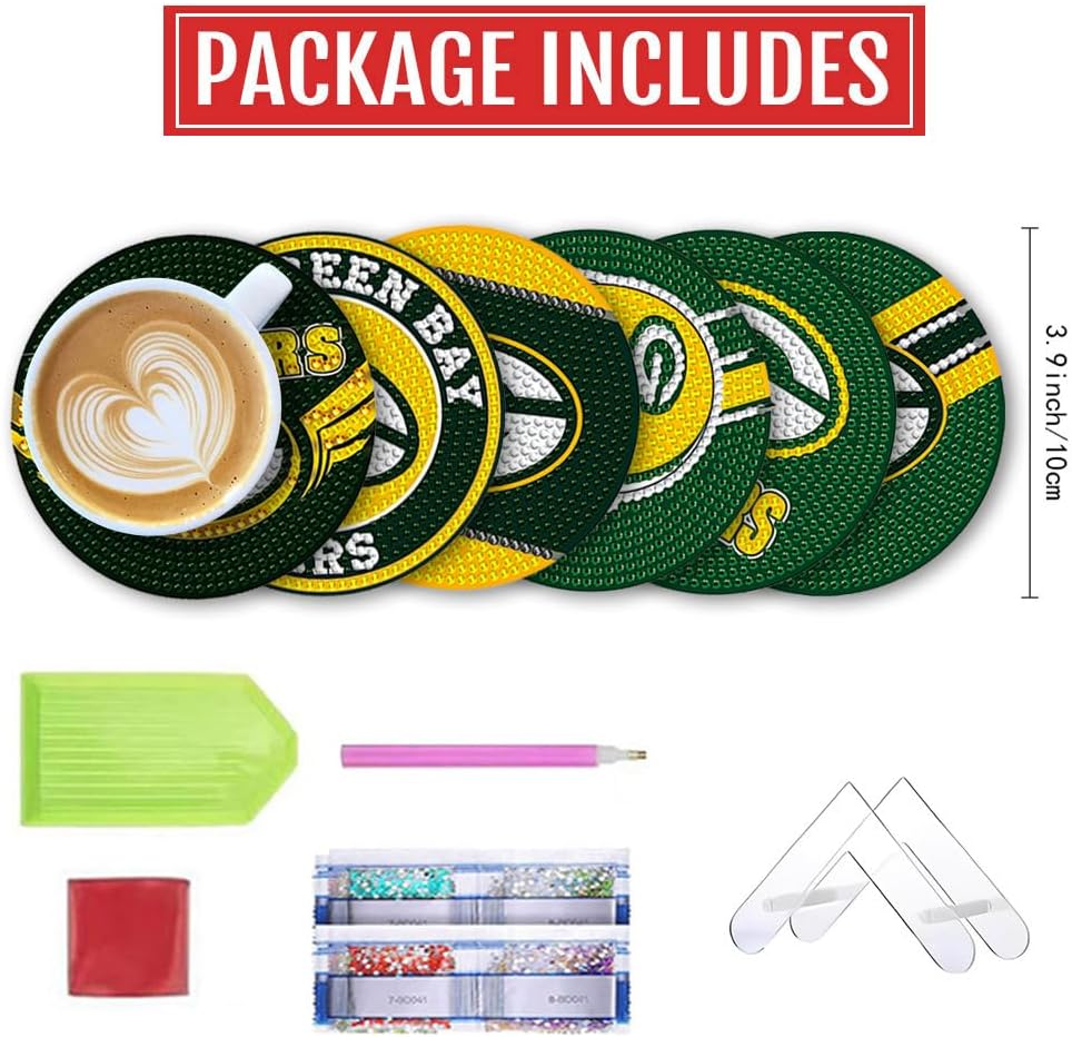 Aimeryup Juego de 6 posavasos de pintura de diamantes con soporte, posavasos de arte de diamantes de fútbol para adultos y niños, kits de puntos de