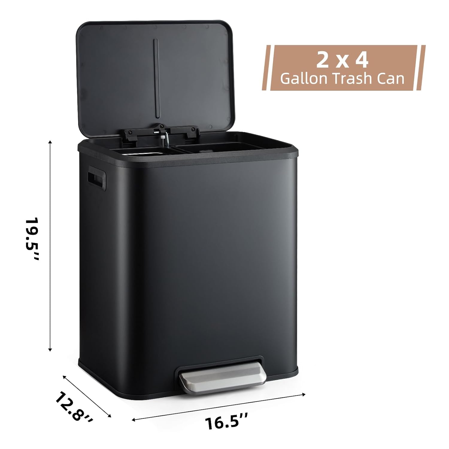 GAOMON Bote de basura, 2 botes de basura dobles de 4 galones y cubo de reciclaje, 2 compartimentos, incluye 2 cubos interiores extraíbles, tapa de