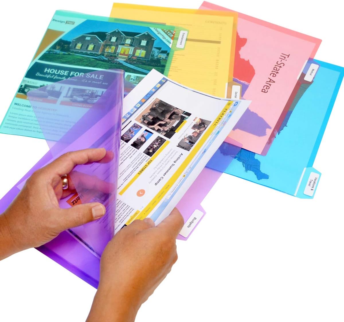 Ultimate Office PocketFile – Carpeta de documentos de polietileno transparente, 5to corte, tamaño carta, en 5 colores surtidos, juego de 100