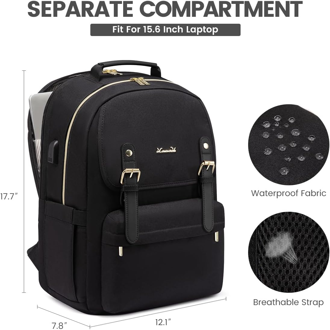 LOVEVOOK Mochila para laptop para mujer, mochila de viaje informal para la universidad, Negro -, Moda