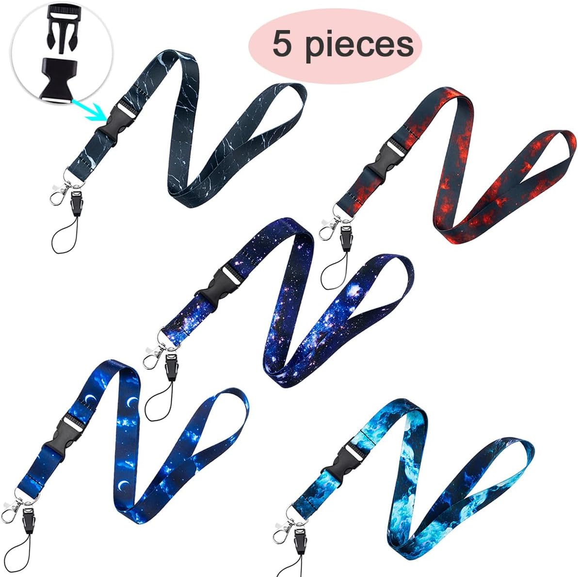 BLDXINWIN Paquete de 5 cordones de cielo estrellado para llaves de automóvil, cordón de tela suave de alta calidad para el cuello con hebilla de