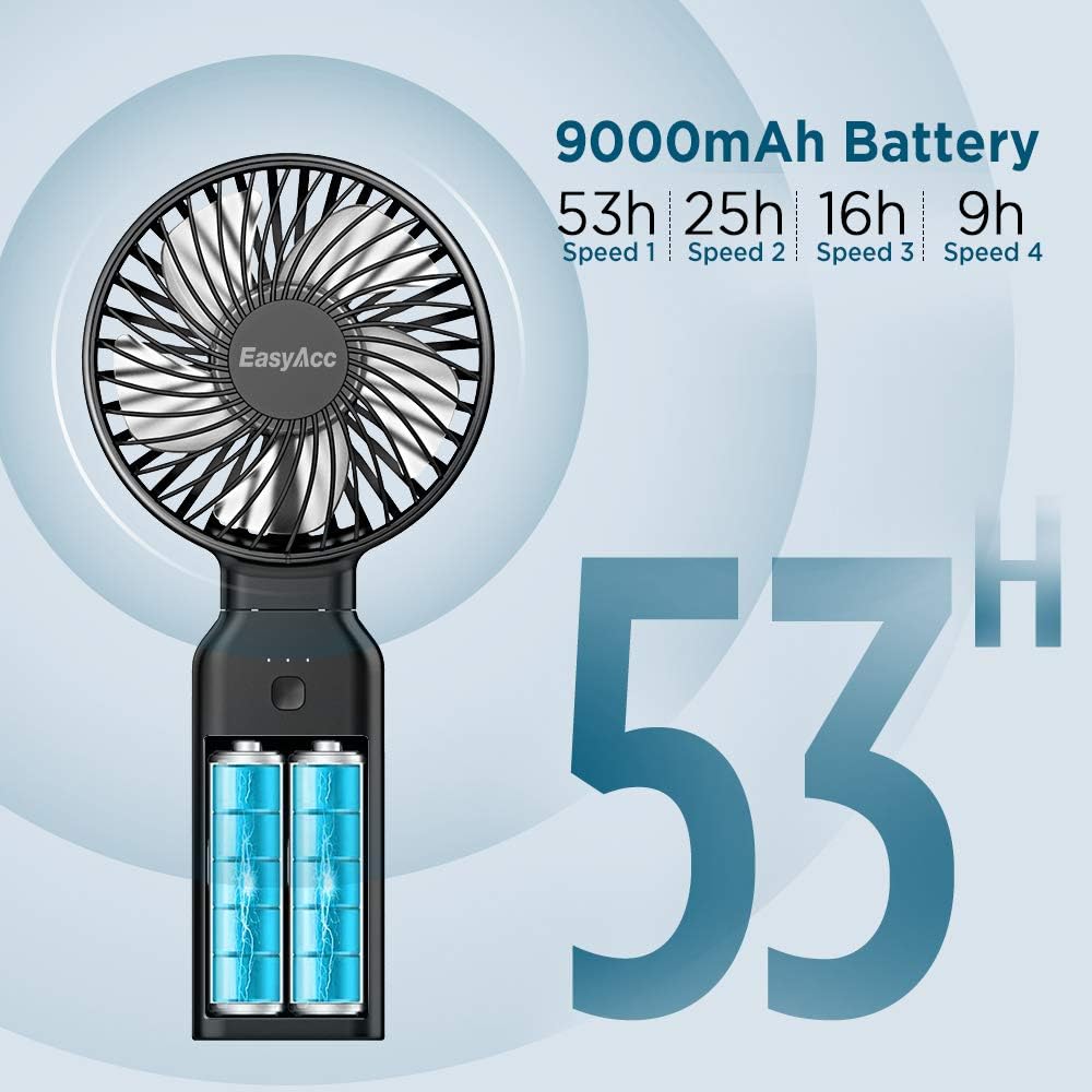 EasyAcc Handheld Fan Portable Fan, 9000 Rechargeable Battery Powered Fan Small Desk Fan, Powerful 4 Speeds 53H Cooling Time Personal Fan with Power
