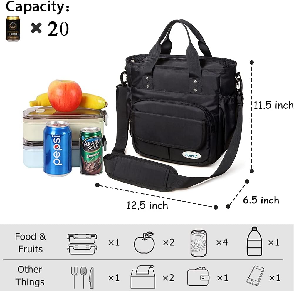Scorlia Bolsa de almuerzo aislada, bolsa de almuerzo extragrande a prueba de fugas con correa de hombro extraíble, duradera y reutilizable con