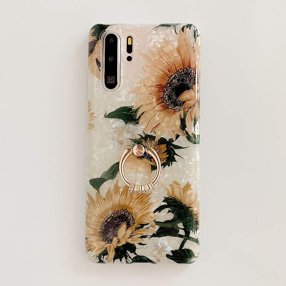 Qokey Funda para Galaxy S9, S9, diseño de flores, a la moda, para hombres, mujeres y niñas, con anillo giratorio de 360 grados, soporte de TPU suave
