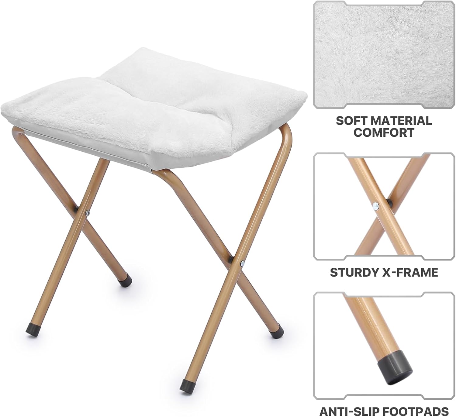 MoNiBloom Silla cuadrada plegable de piel sintética para dormitorio, sala de estar, dormitorio, marco de metal plegable, de gran tamaño, cómoda,
