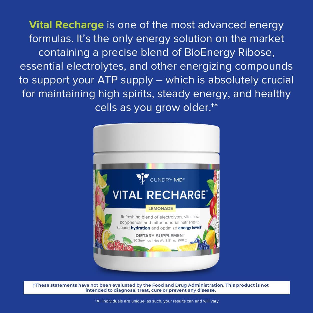Gundry MD Vital Recharge Suplemento en polvo  Fórmula energética avanzada con electrolitos  Soporta suministro de ATP  30 porciones