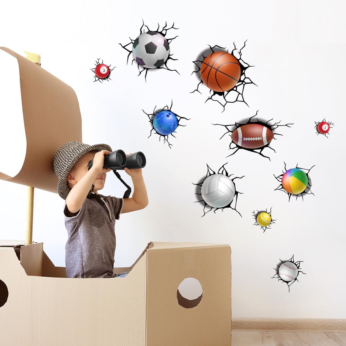 Pelotas deportivas 3D, calcomanías de pared para romper a través de la pared, calcomanías de pared extraíbles, despegar y pegar, baloncesto, rugby,