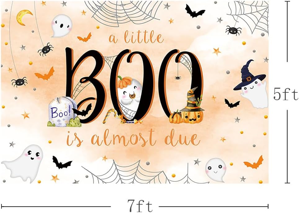 MEHOFOND Telón de fondo de Halloween de 7 x 5 pies para baby shower con texto en inglés “A Little Boo is Almost Due Orange Water” para niño con