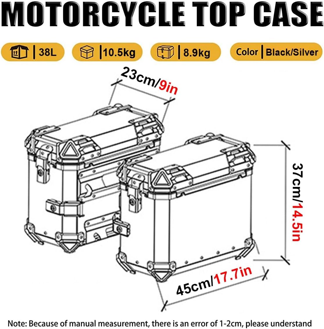 Maletas laterales para motocicleta, 38L de motocicleta de lado duro, alforjas para maletero Tour, maletín lateral negroplateado (color negro, tamaño