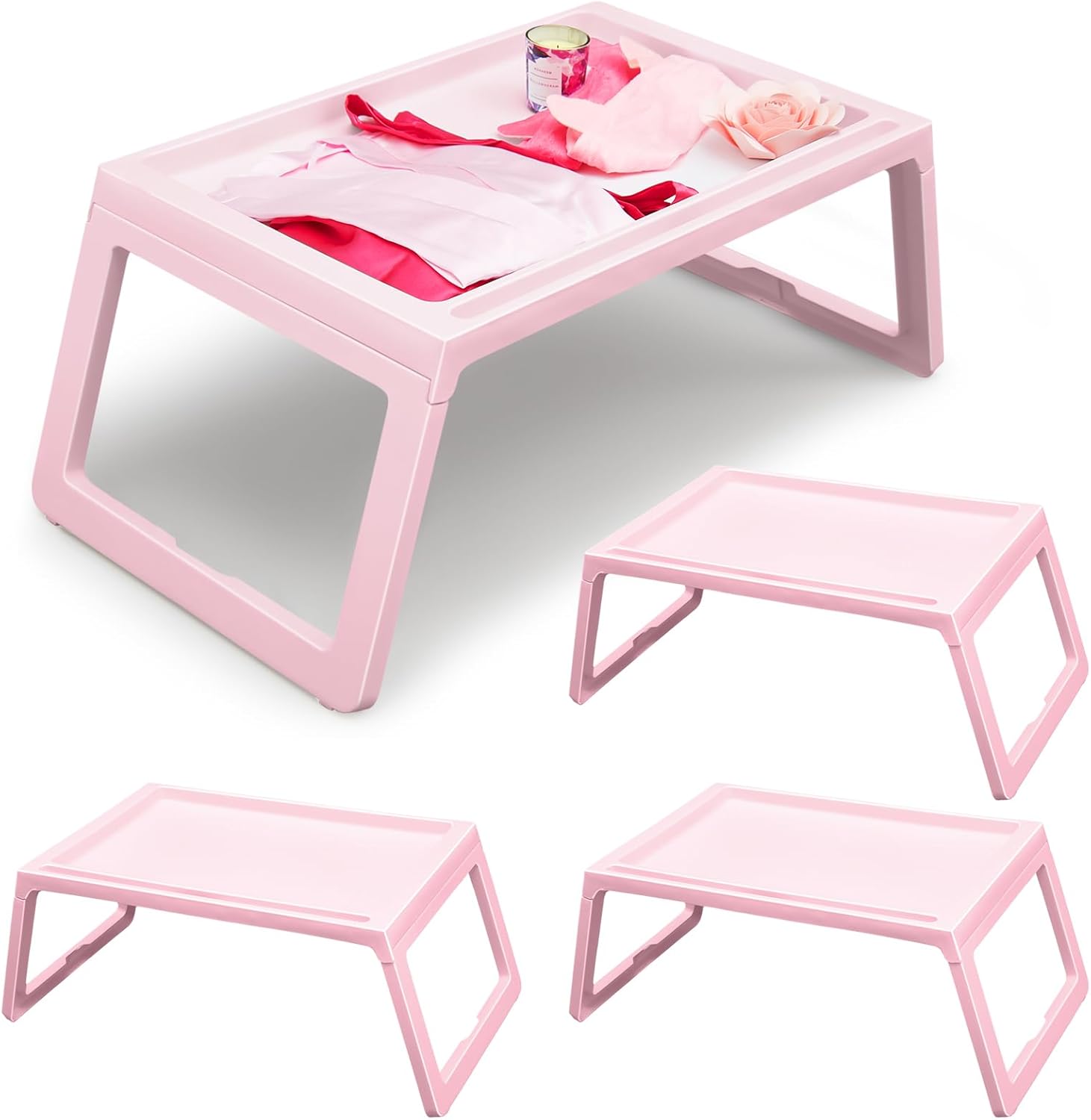 Paquete de 4 bandejas plegables para desayuno en la cama, bandejas de plástico para regazo, patas plegables con asas, bandejas de alimentos para