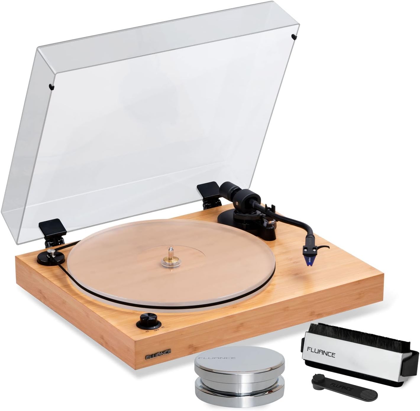Fluance RT85 – Tocadiscos de vinilo de alta fidelidad de referencia con cartucho azul Ortofon 2M, bandeja acrílica, peso de récord, lápiz óptico 3