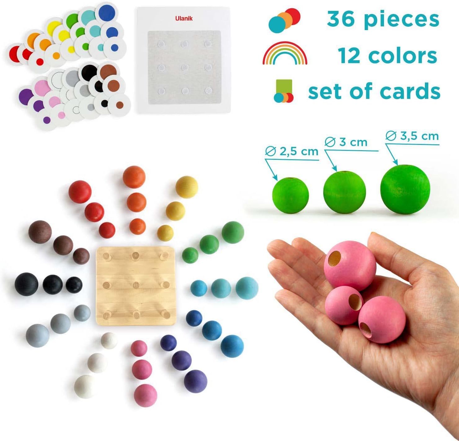 Ulanik Bolas a bordo Montessori Juguetes para niños de 3 años + Juego clasificador de clavijas de madera para aprender clasificación de colores y