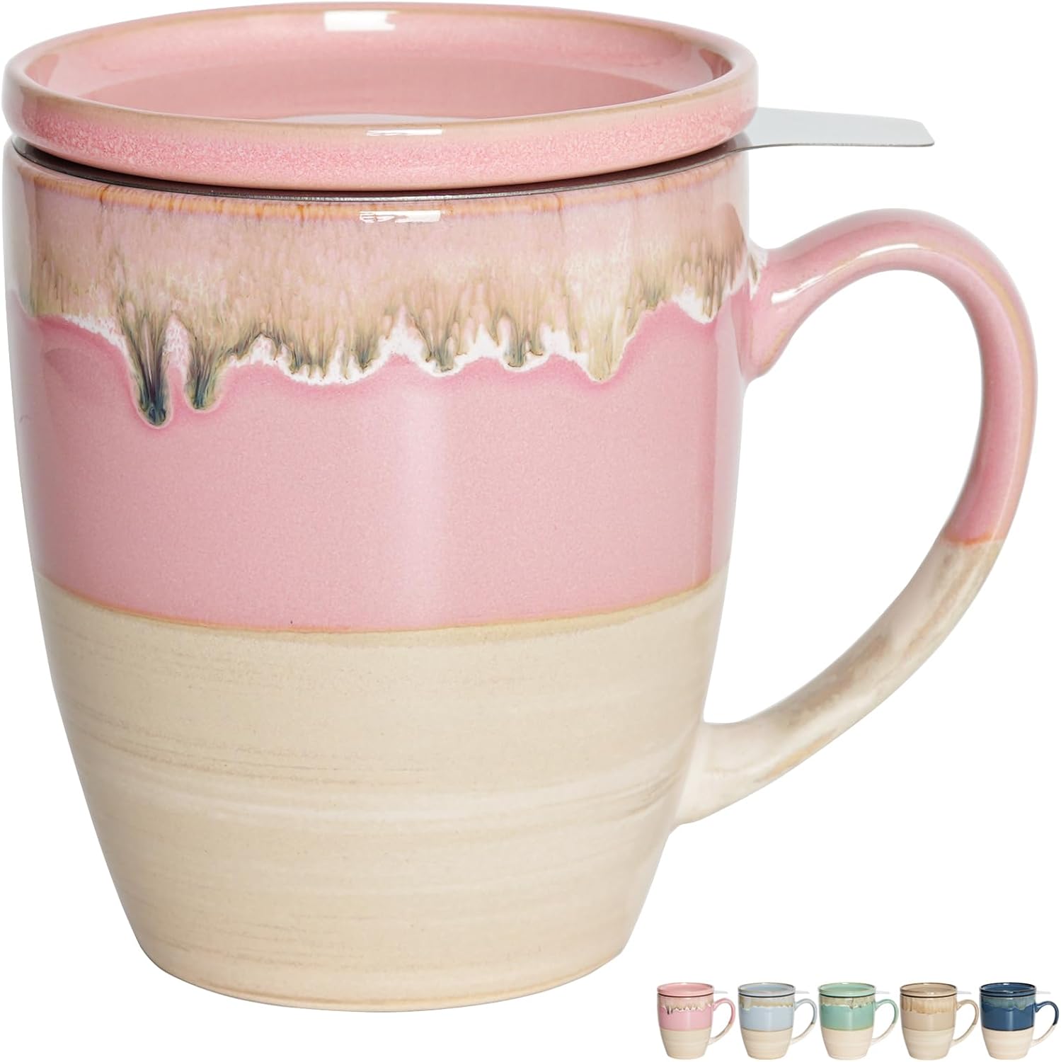 Bosmarlin Taza de té de cerámica con infusor y tapa, 16 onzas, apta para lavavajillas y microondas, 5 colores para elegir, esmalte reactivo, taza de