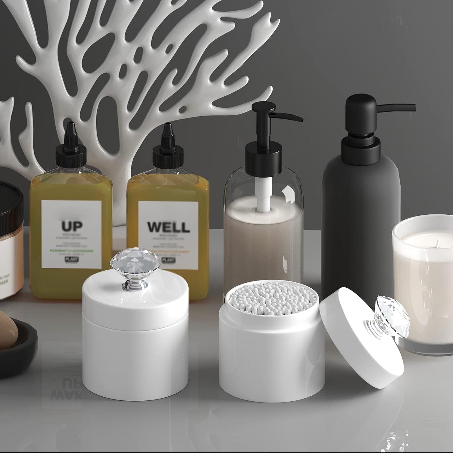 ONTUBE Organizador de hisopos de algodón de porcelana con tapa de cristal y fácil de limpiar, color blanco (tapa plateada, juego de 1)
