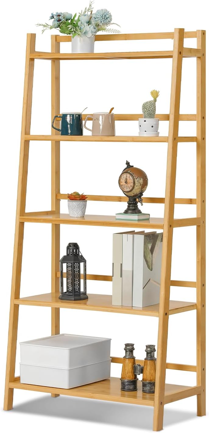 Magshion Organizador trapezoidal de bambú para estantes de flores, 5 niveles, para interiores y exteriores, soporte organizador de macetas de bambú