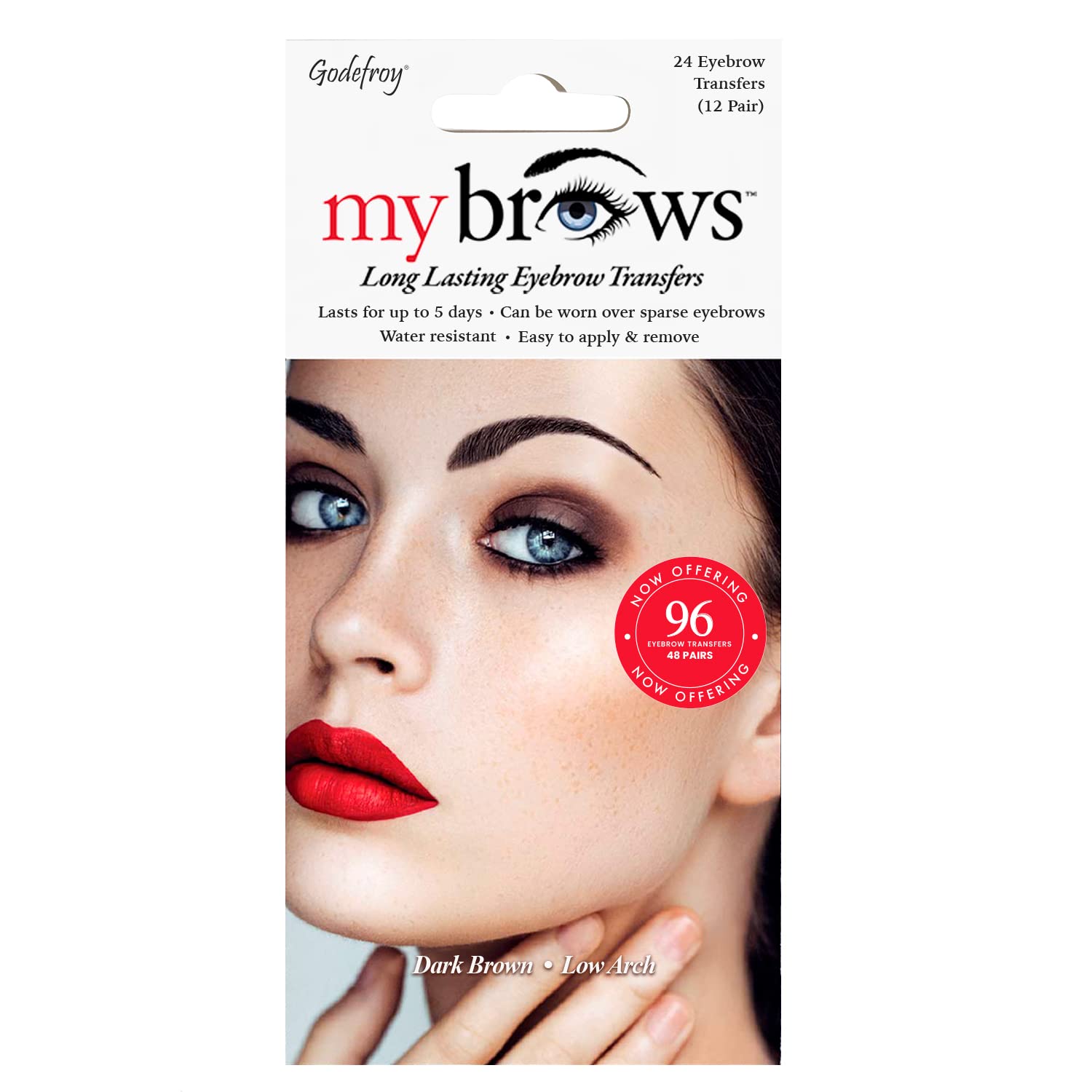 Godefroy MyBrows Transferencias de cejas de larga duración, arco bajo, marrón oscuro, 48 pares de cejas (96 transferencias individuales)