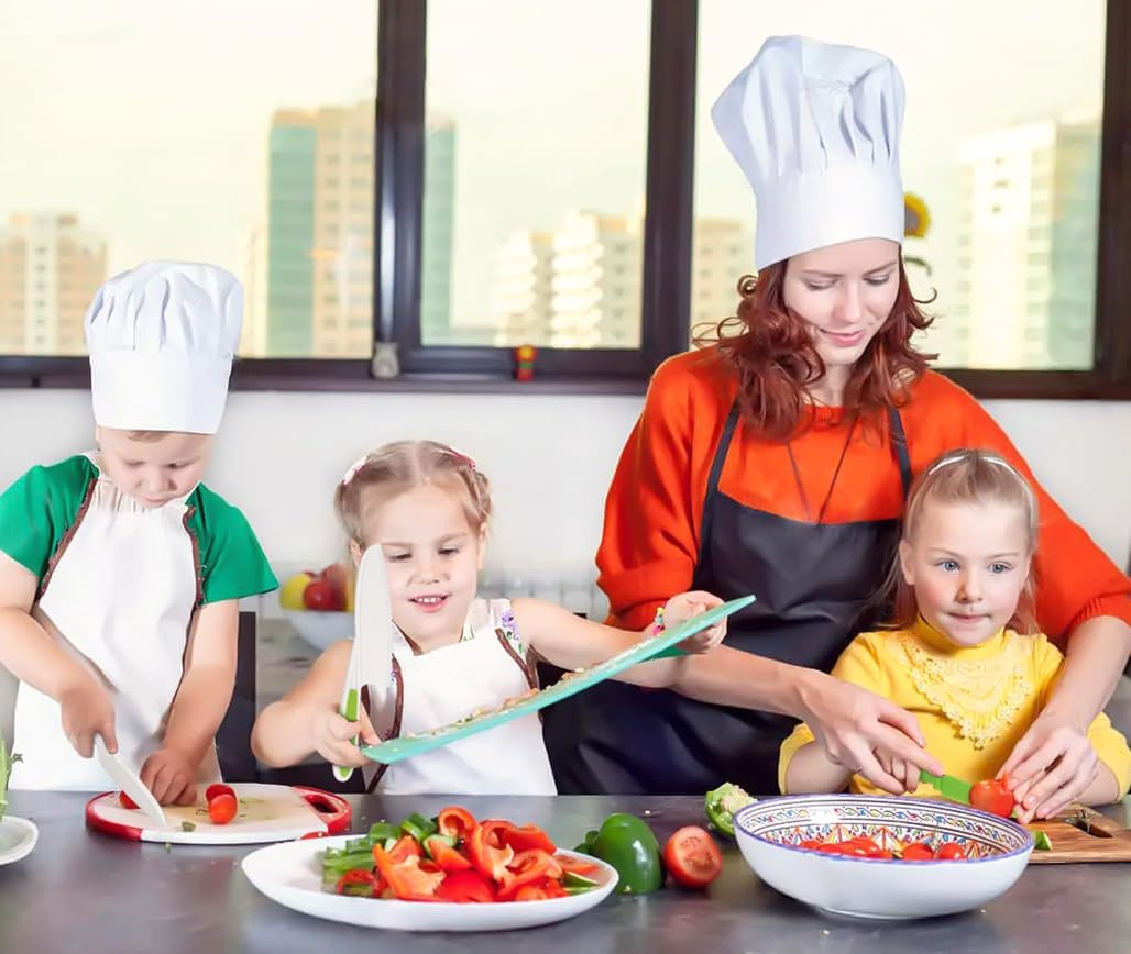 Tellshun Juego de cuchillos de cocina para niños de 9 piezas, cuchillos para cocina real con tabla de cortar y pelador, cortador de sándwich, bordes