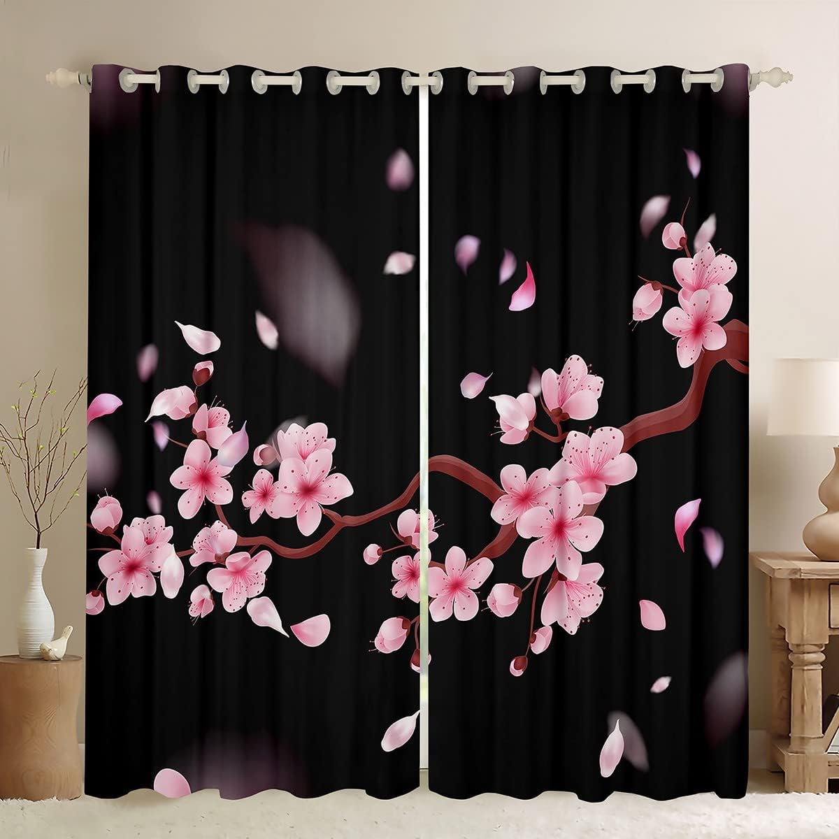 Feelyou Cortinas opacas de 30 % a 50 % de flores de cerezo, cortinas de estilo japonés para niños y niñas, cortinas florales botánicas para