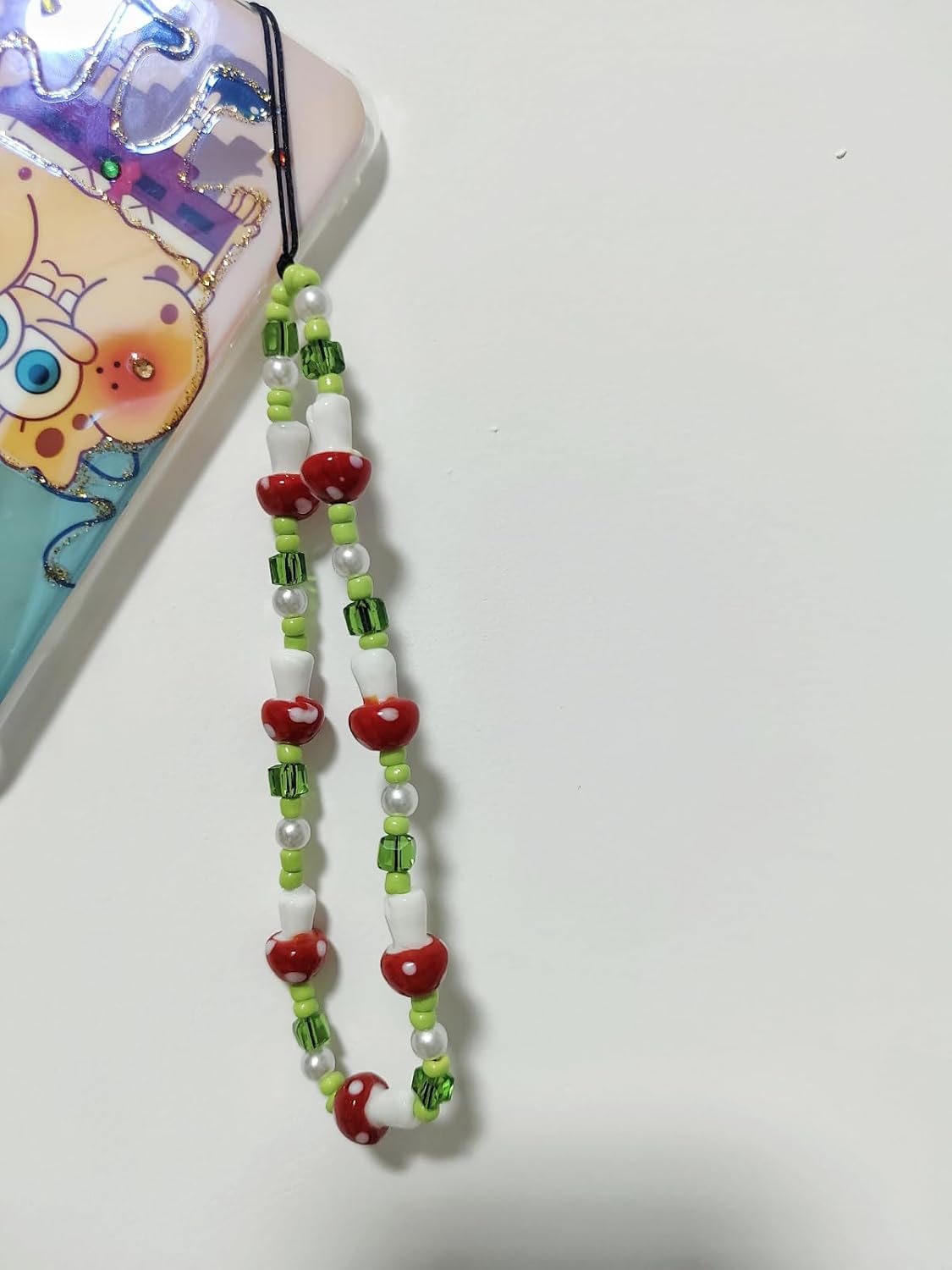 1-2 piezas de cordón con cuentas de hongos rojosverdes para teléfono, accesorios estéticos, correa de muñeca dulce, cadena antipérdida para mujeres