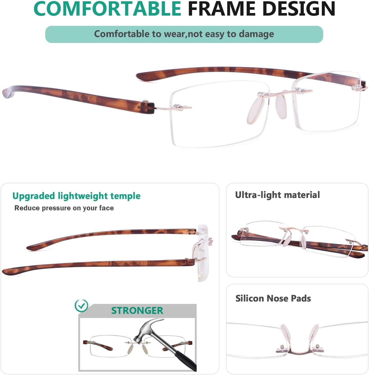 Eyekepper Lentes de lectura pequeños sin montura para mujer, lentes de lectura sin marco para hombres con brazos de tortuga