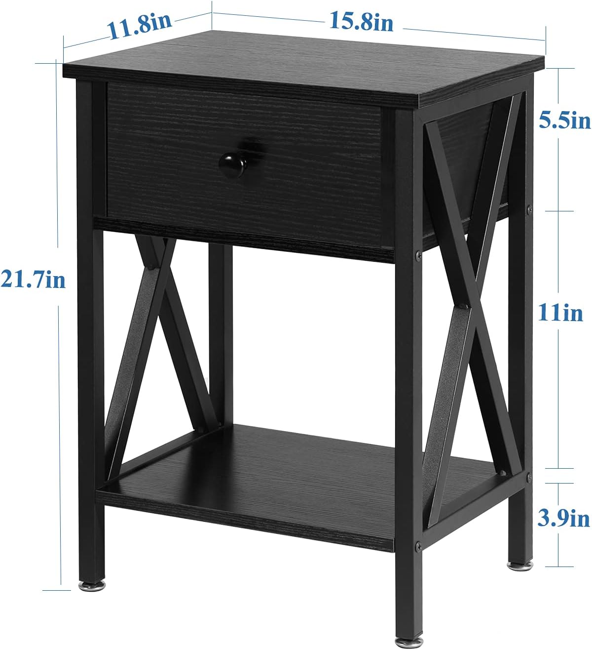 VECELO Mesa lateral con repisas Diseño en X Buró Mesa de noche Mueble versátil para sala de estar o dormitorio