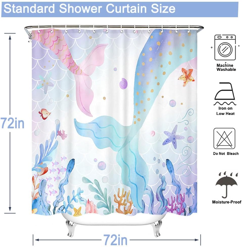 Cortina de ducha de sirena de 60 pulgadas de ancho x 72 pulgadas de largo, diseño de cola de sirena, linda cortina de ducha para niños, rosa, azul,