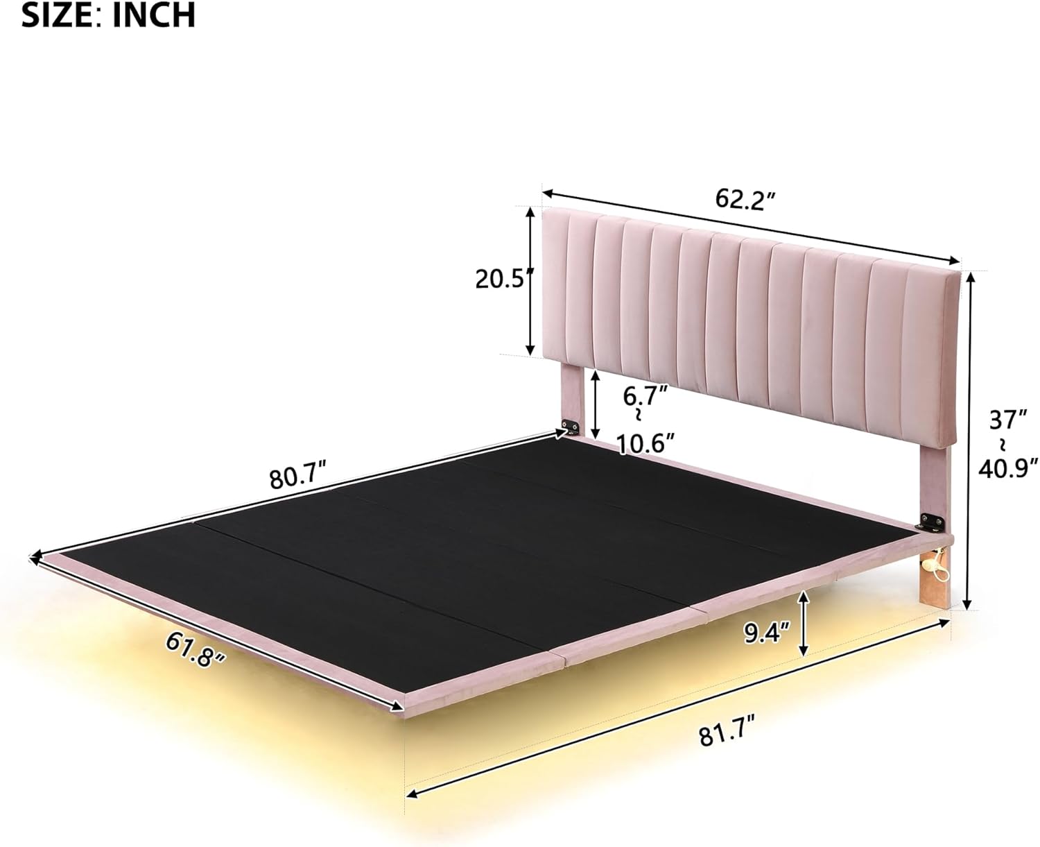 SOFTSEA Base de cama flotante tamaño Queen, plataforma tapizada con luz inteligente y cabecero, marco de cama de terciopelo tamaño Queen con soporte