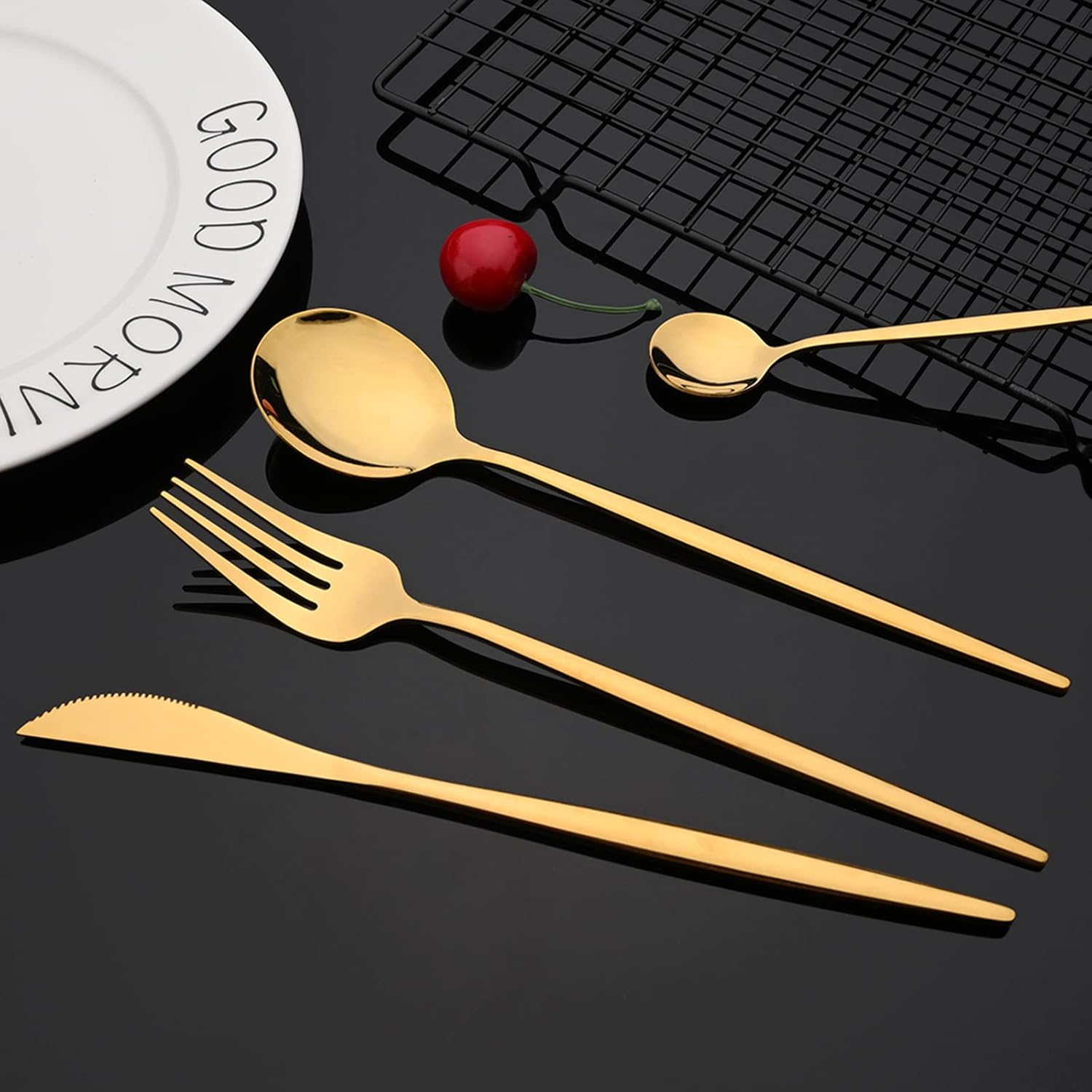 JASHII Juego de cubiertos de 40 piezas, acero inoxidable, para el hogar, cocina, hotel, restaurante, básicos, para 8, pulido con espejo, dorado