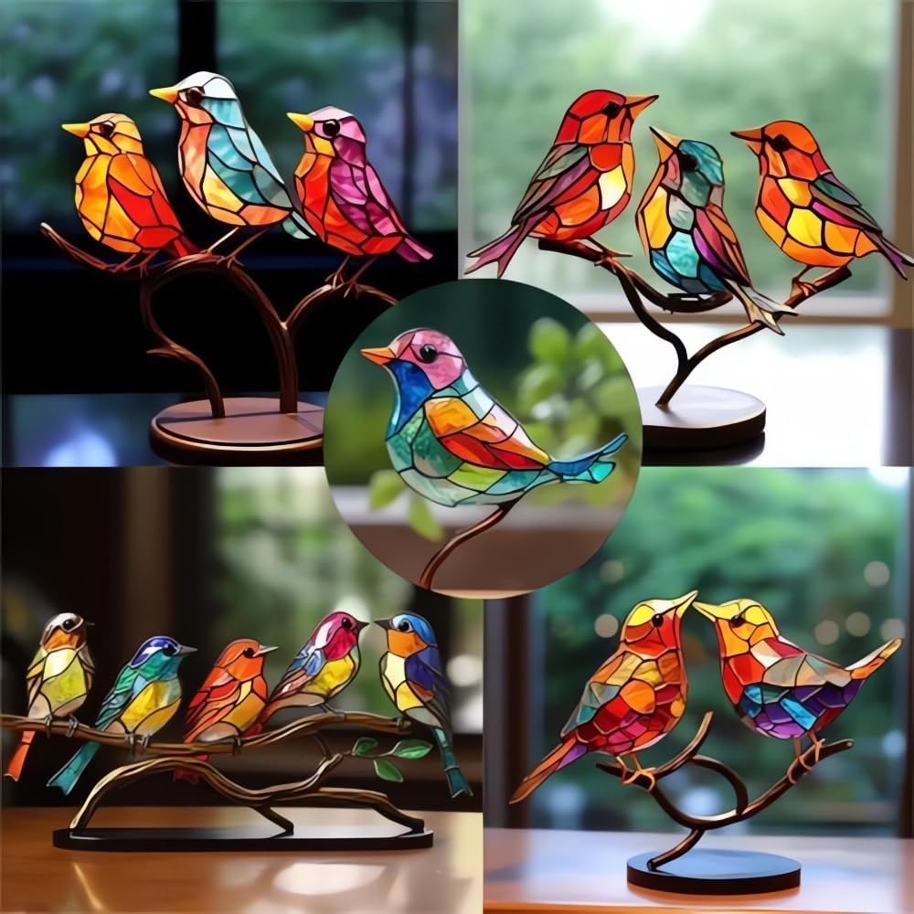 Adornos de escritorio de pájaros en rama, acrílico manchado de doble cara, estatua multicolor de colibrí, escultura de pájaro de arte de metal,